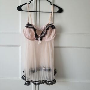 Y2K Baby Pink Black Lace Mesh Sheer Babydoll Nightie Chemise Lingerie